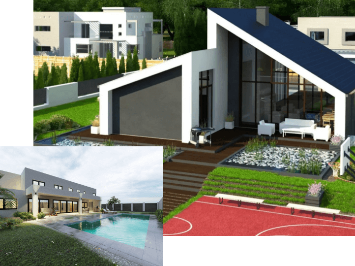 Casas modernas diseñadas por Modulares S&R Fábrica, con arquitectura contemporánea, techos inclinados, amplios ventanales, piscina y cancha deportiva